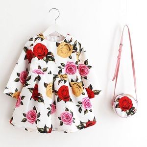 Little girls floral long sleeve dress bag set